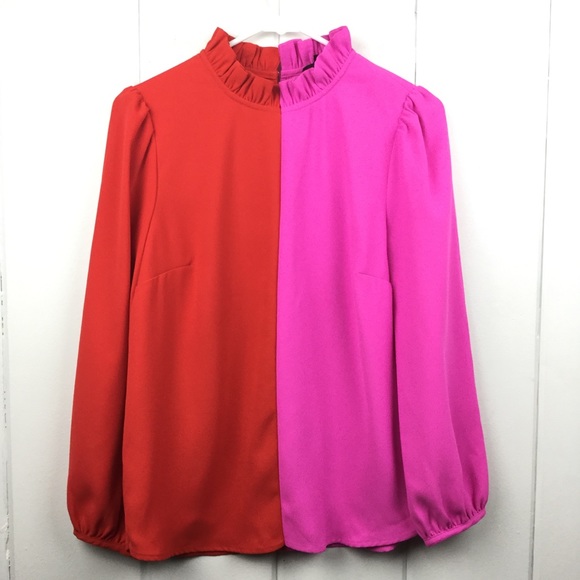 J. Crew Tops - J Crew Pink Orange Ruffle Collar Color Blouse S